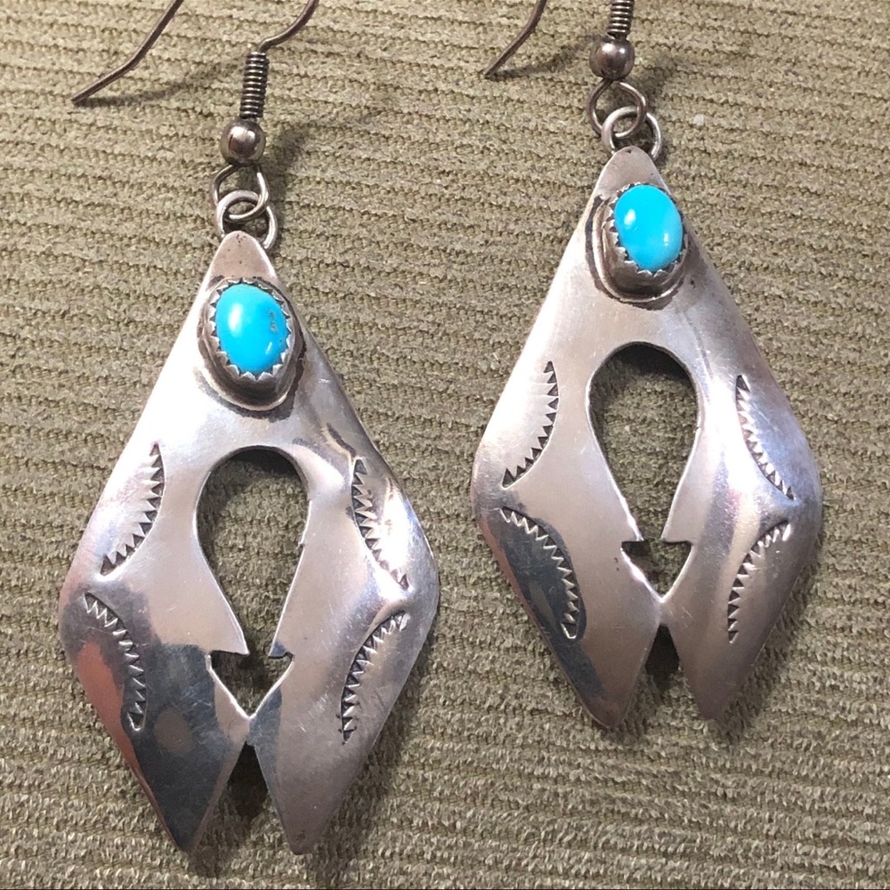 Native American Sterling Silver & Sleeping Beauty Turquoise Dangle Earrings